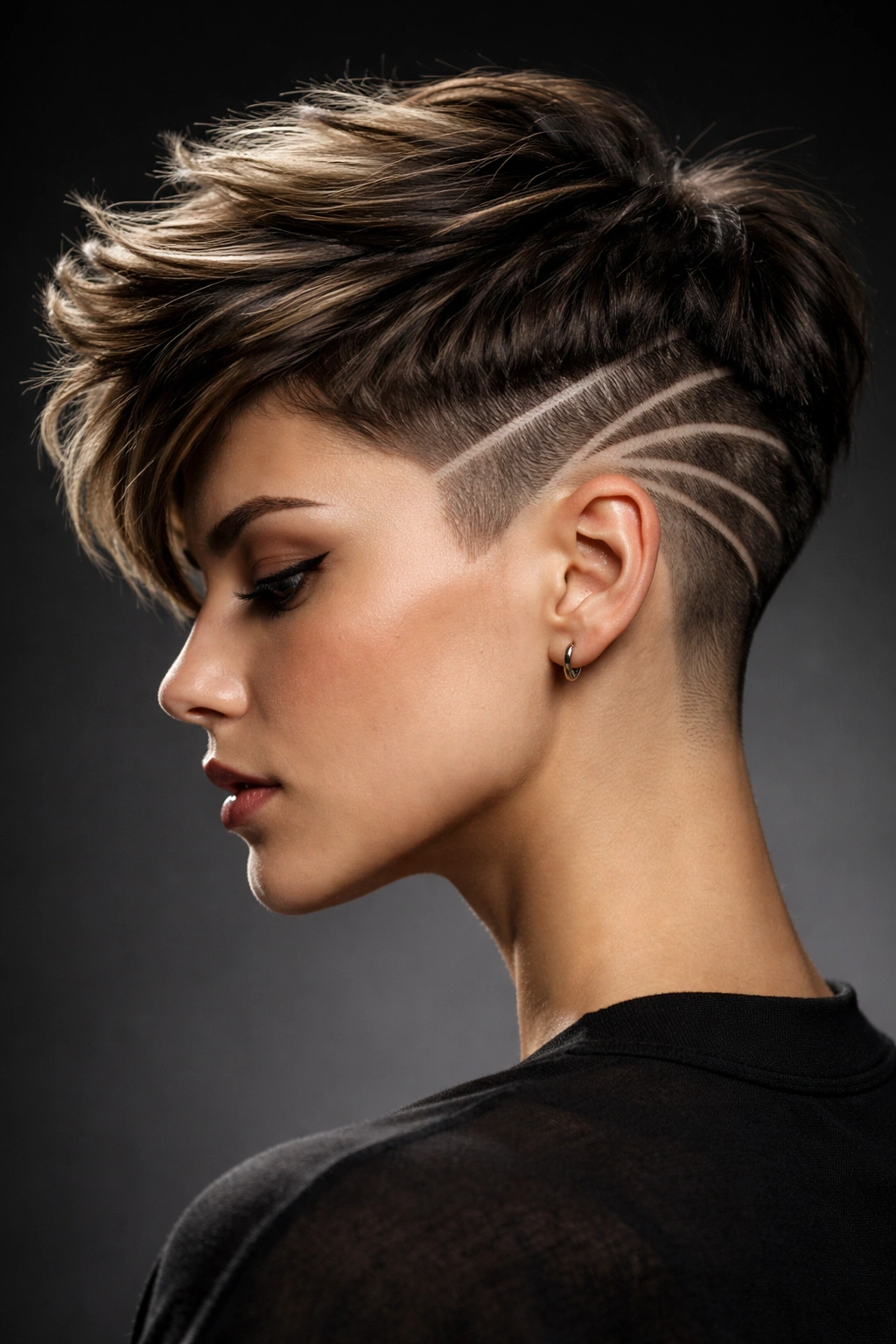 Portrait of a person with an undercut pixie and shaved design details on the sides.