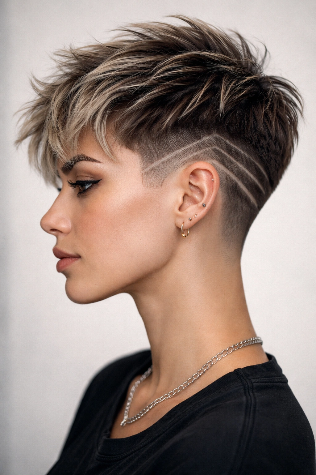 Side view of a choppy pixie with an undercut showing geometric shaved lines.