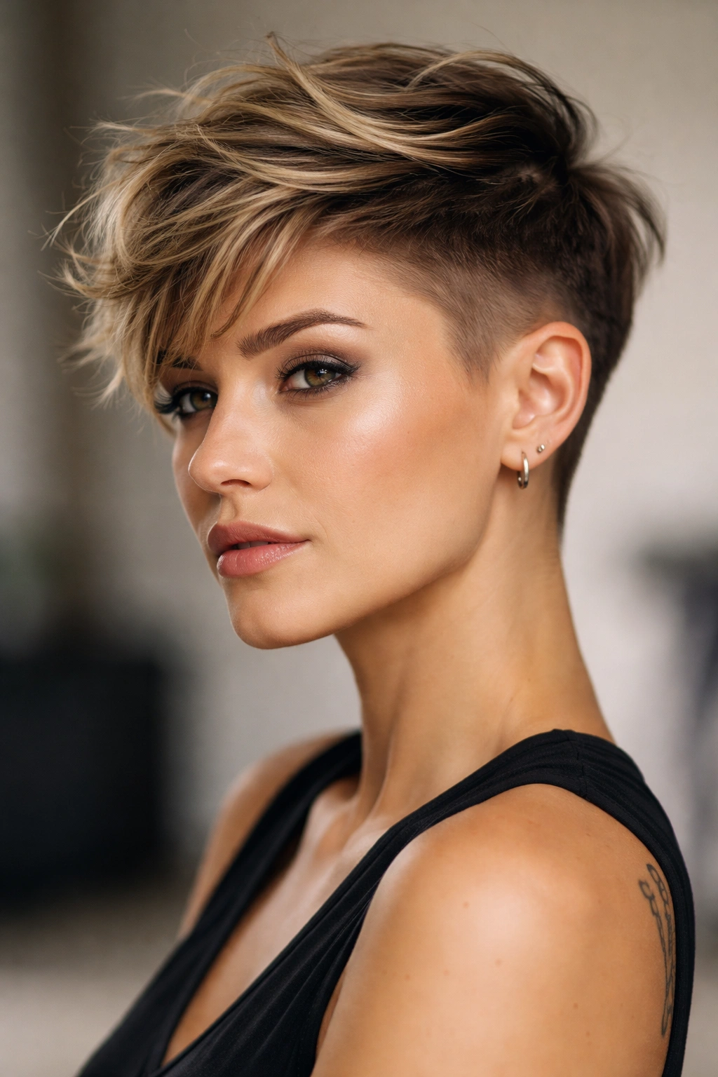10 One Side Shaved Hairstyles For Bold Women 8 Portrait of a woman with a grown-out pixie and a tapered undercut.