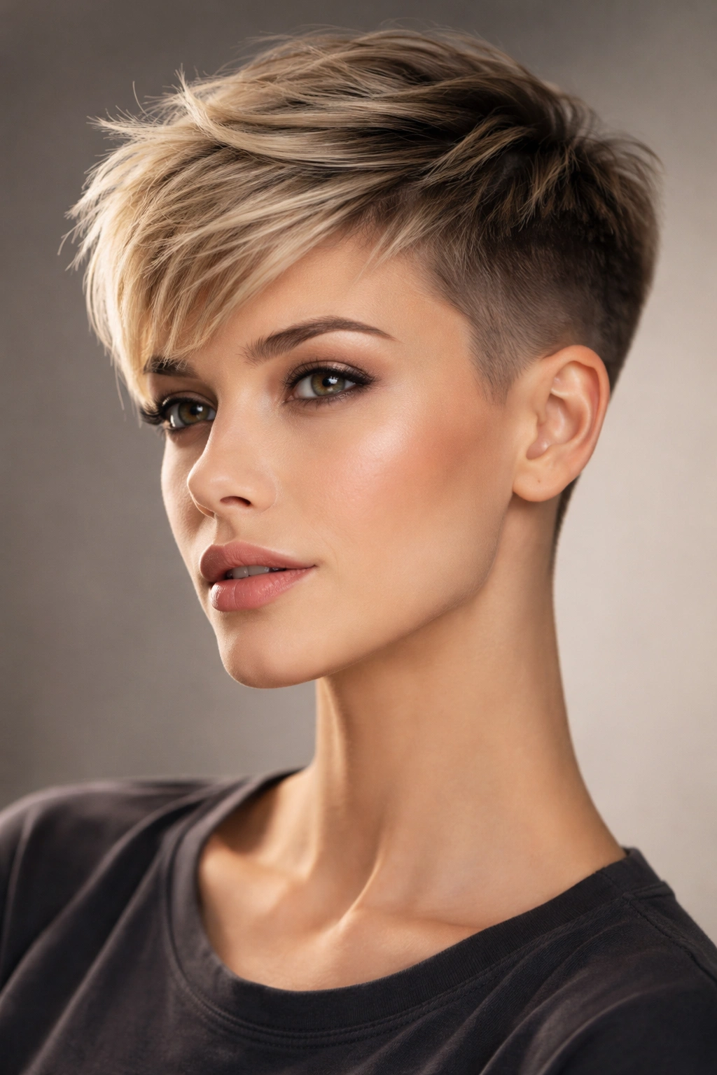 Close-up of rectangular-faced model with pixie undercut—short sides and longer top