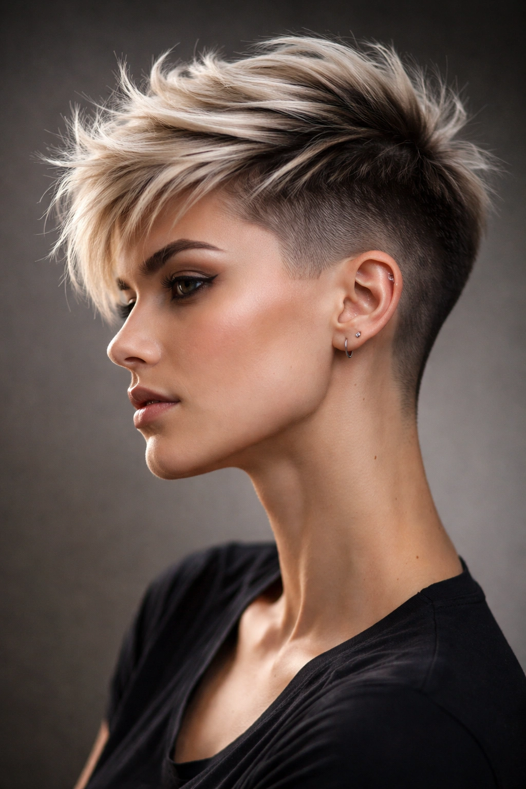 10 Funky Short Haircuts For Women Who Love Edge 1 Close-up portrait of a model with a pixie undercut and shaved sides, highlighting textured crown and shaved temples.