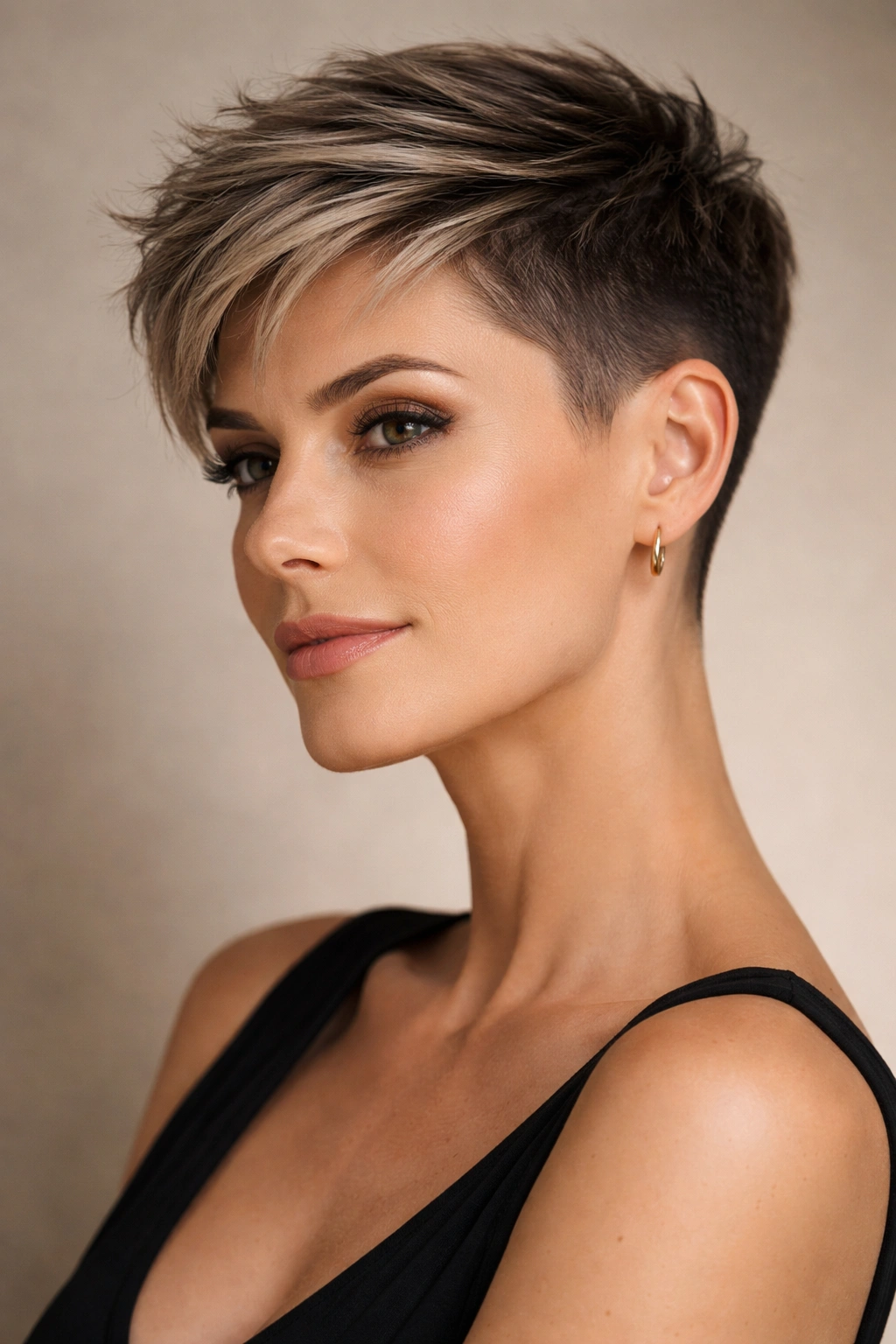 12 Pixie Cuts That Look Stunning In Your 40s 9 Head-and-shoulders portrait showing a pixie undercut with short sides and longer textured top