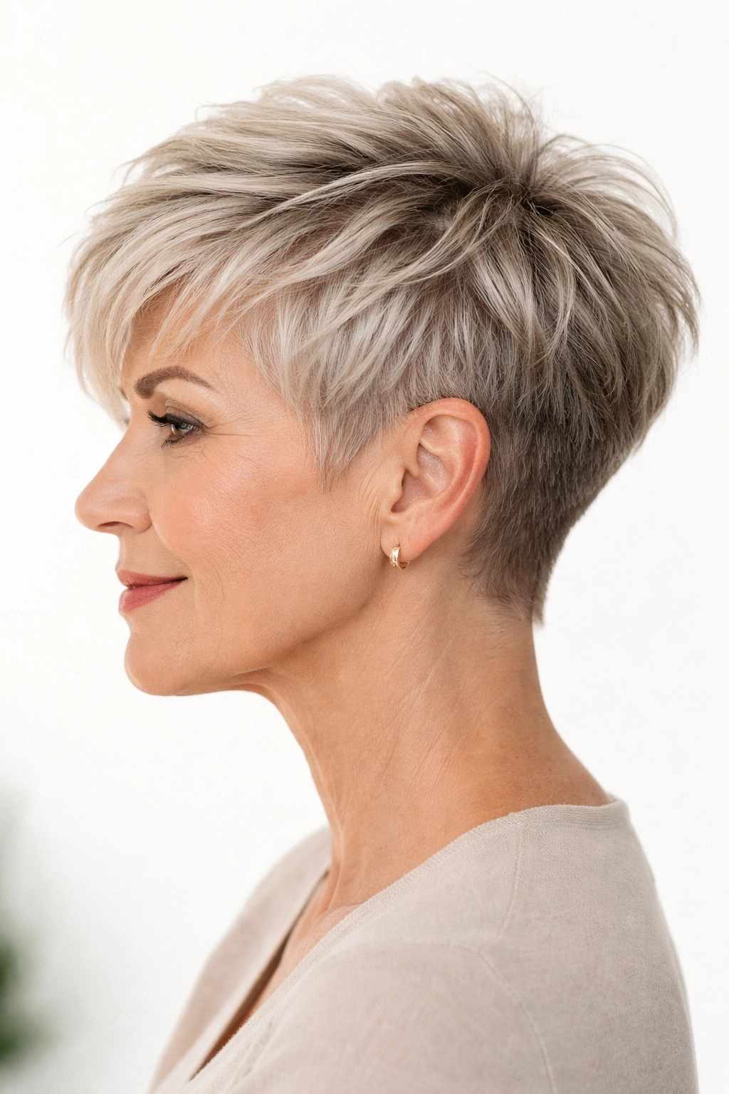 Side-profile of a textured pixie with a soft undercut and movement on top
