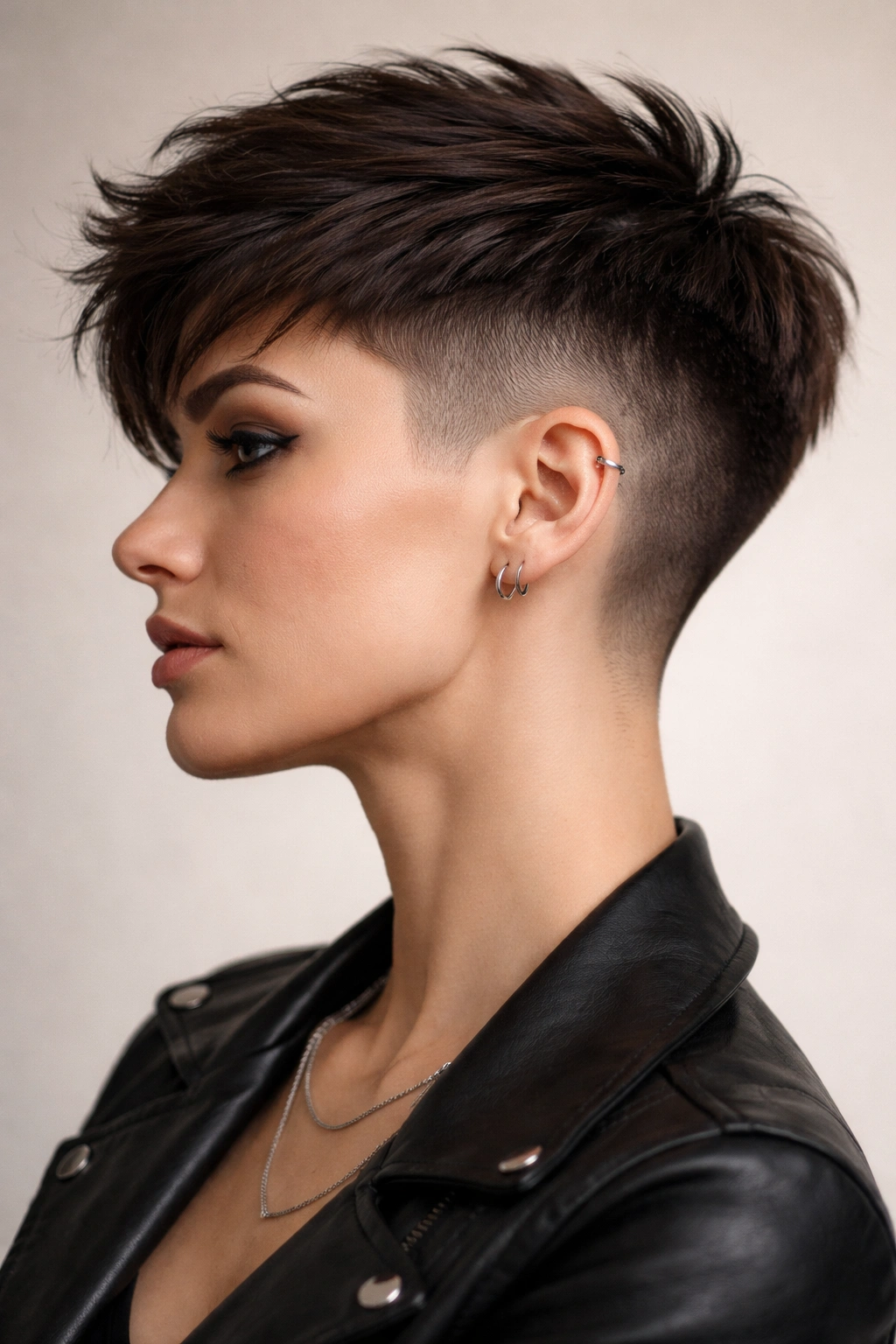 Close-up profile of a pixie cut with a shaved undercut and textured top