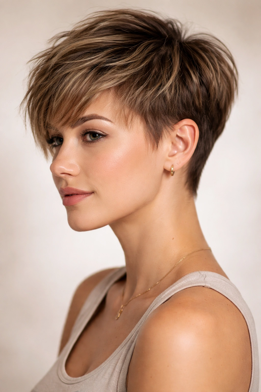 Close-up of grown-out pixie with subtle undercut, textured top, tapered sides against neutral background