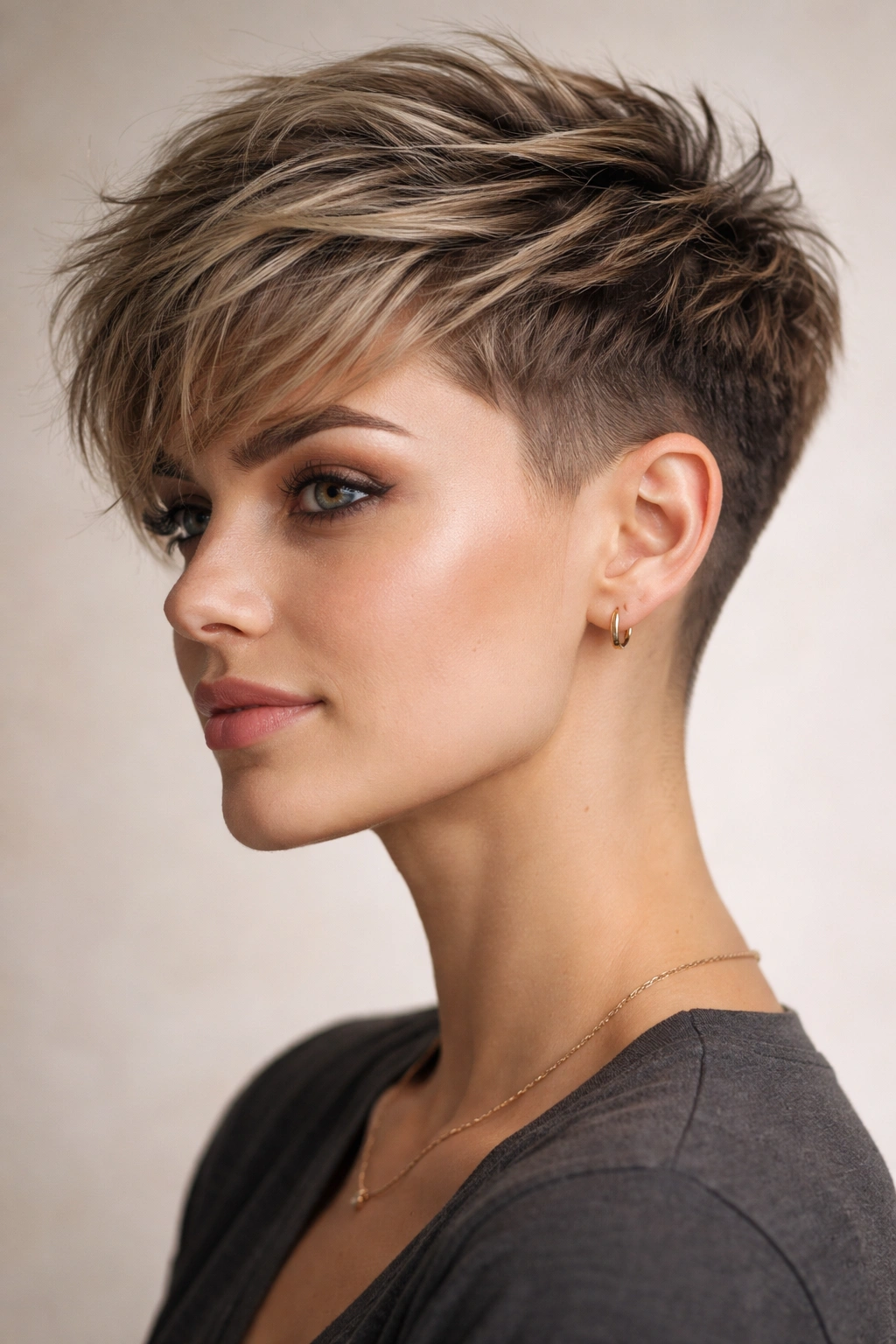 Close-up of a textured pixie undercut with longer top and clean sides, showing hair texture and separation