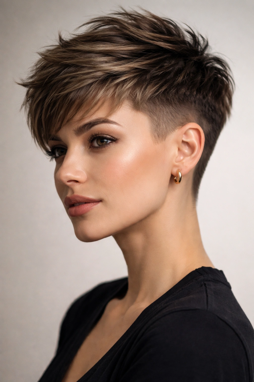 Close-up of a pixie with an undercut and a textured top, dramatic contrast between sides and crown