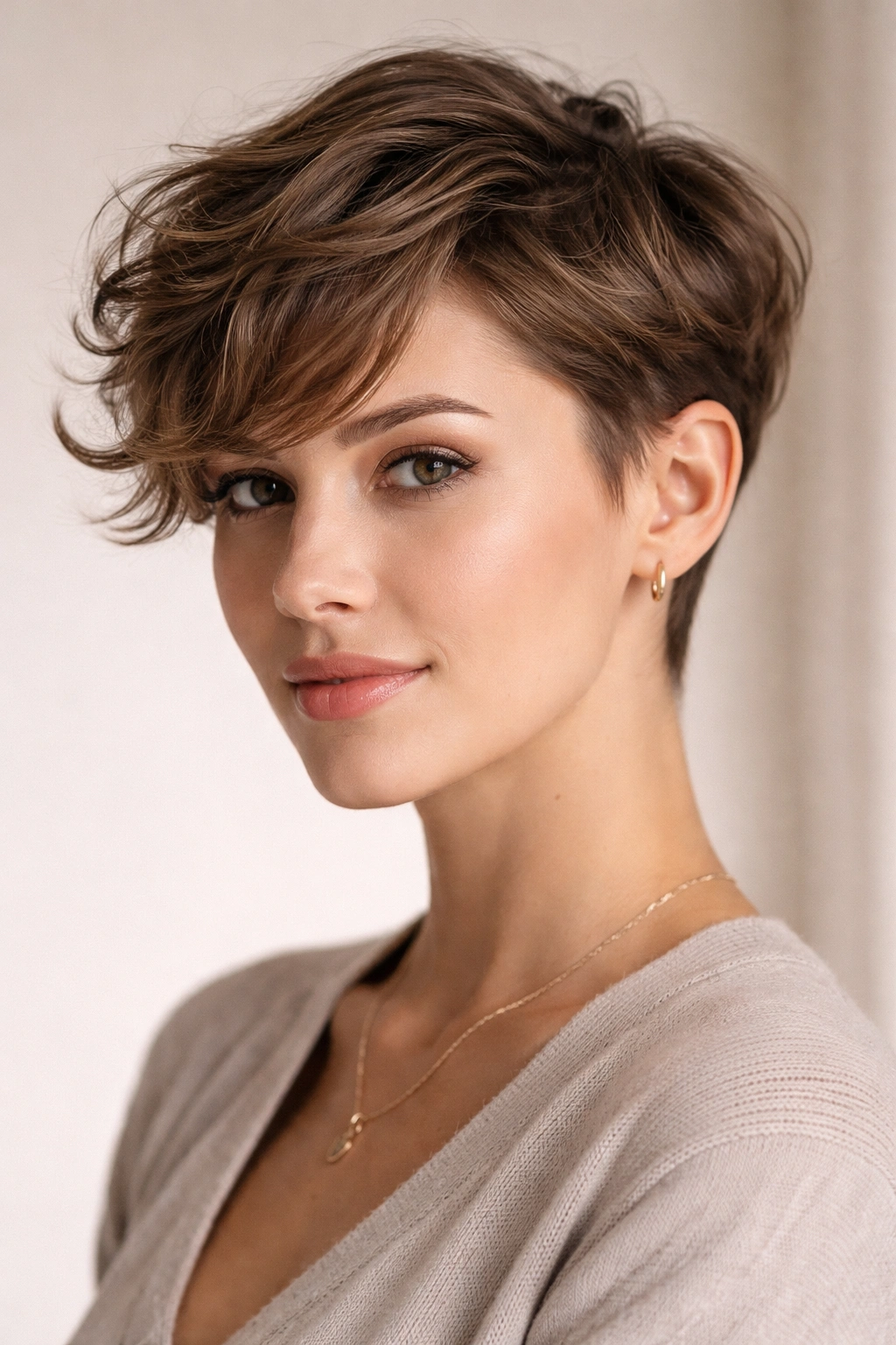 Model with soft-wave pixie and subtle undercut showing texture