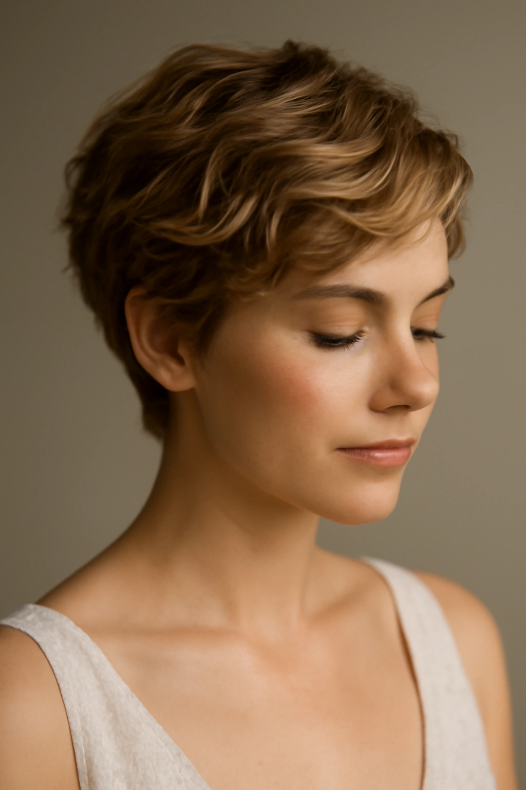 10 Pretty Bridesmaid Hairstyles for Short Hair 1 Close-up of a short pixie cut with textured waves directed back for a bridal look
