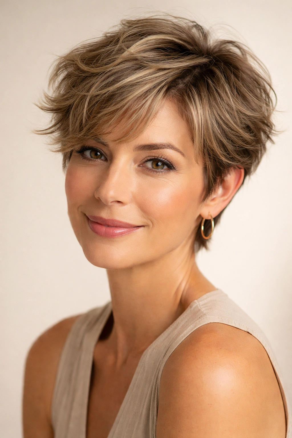 12 Pixie Cuts That Look Stunning In Your 40s 7 Close-up portrait of a person with a tousled pixie wave showing natural texture and layered movement