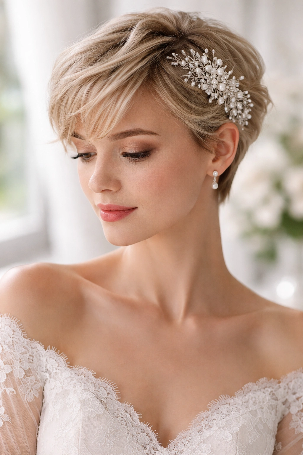 Soft pixie with waves and delicate hair accessory
