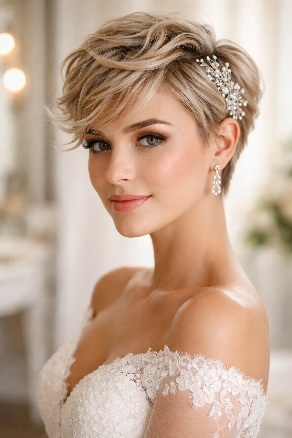 Close-up of a bride's textured pixie with romantic waves catching light