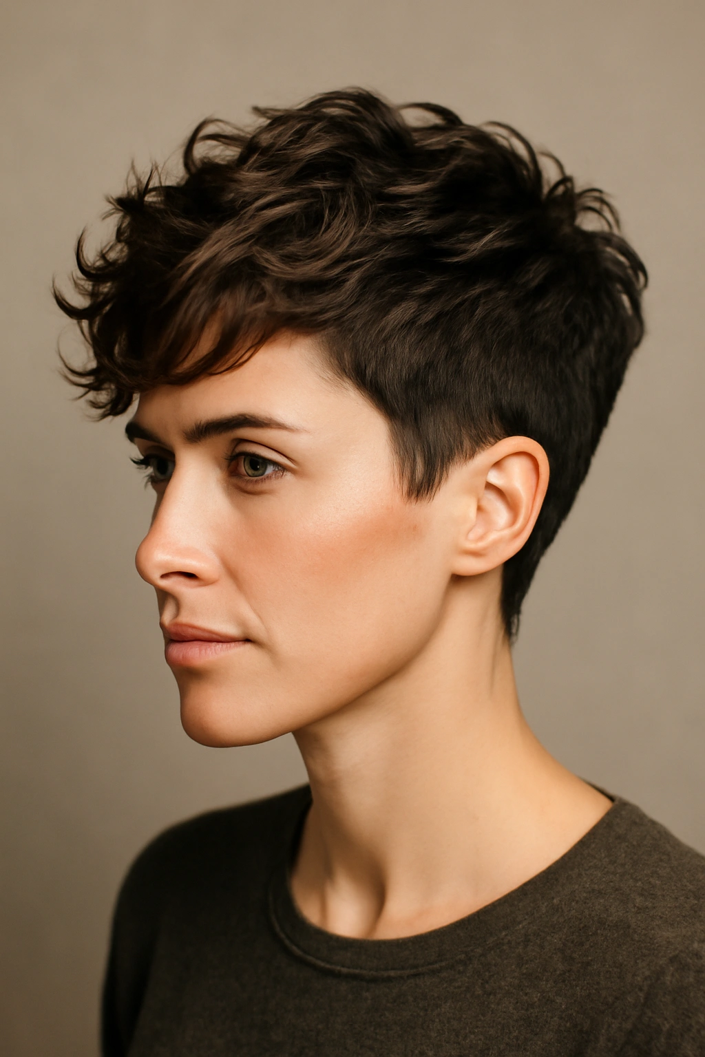 Pixie cut with longer waves on top showing texture
