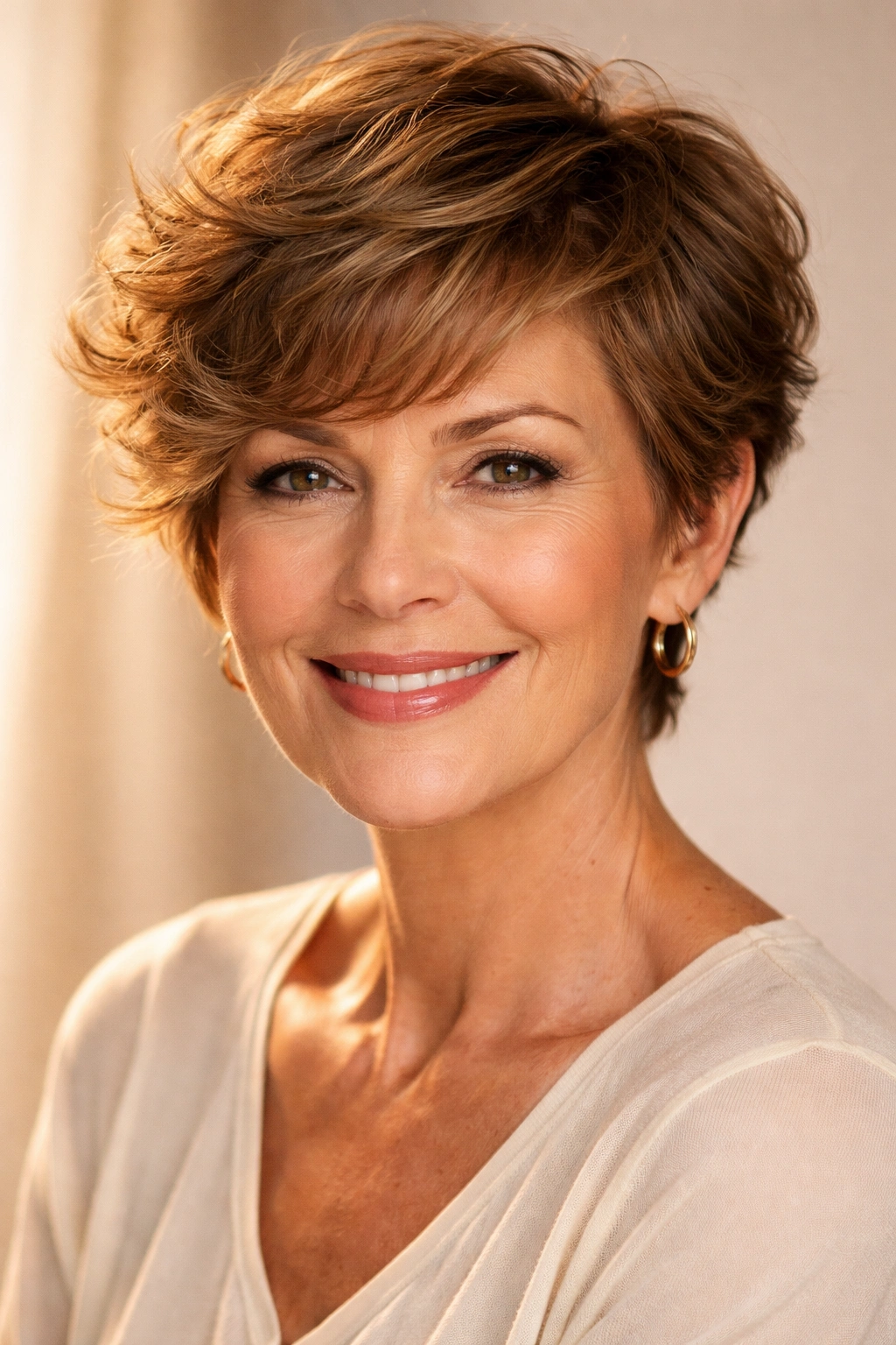 Close-up portrait of a woman with a grown-out pixie and waves in warm light brown hair