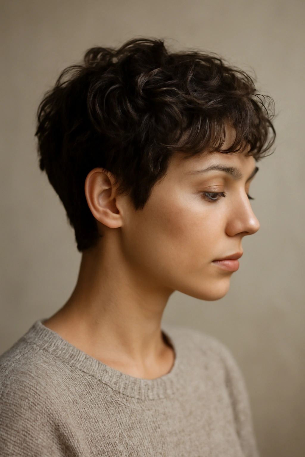 12 Wavy Pixie Styles Perfect for Wash and Go 13 Profile view of a person with a textured wavy pixie haircut in a neutral studio