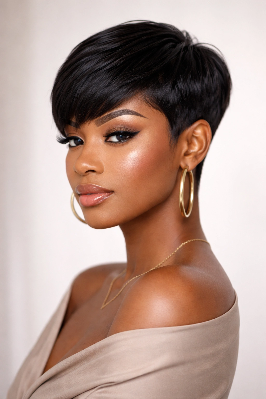 Close-up of a woman with a sleek pixie weave, short sides and voluminous top.