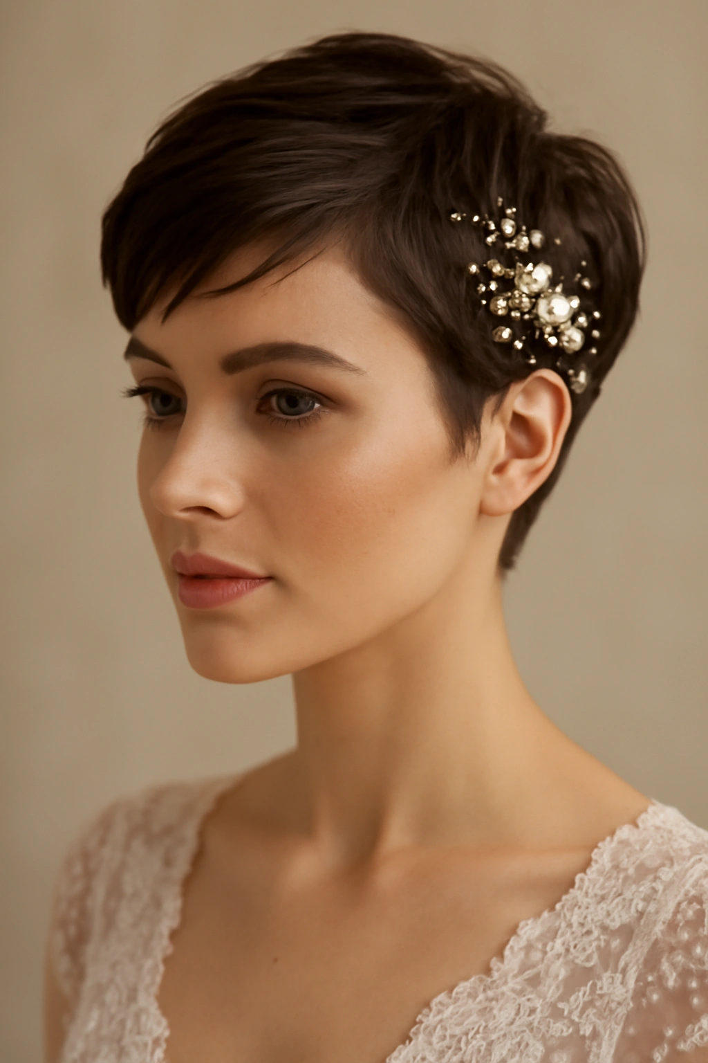 25 Wedding Hairstyles From Pixie Cuts to Long Waves 1 Close-up of bride with modern pixie and pearl accessories