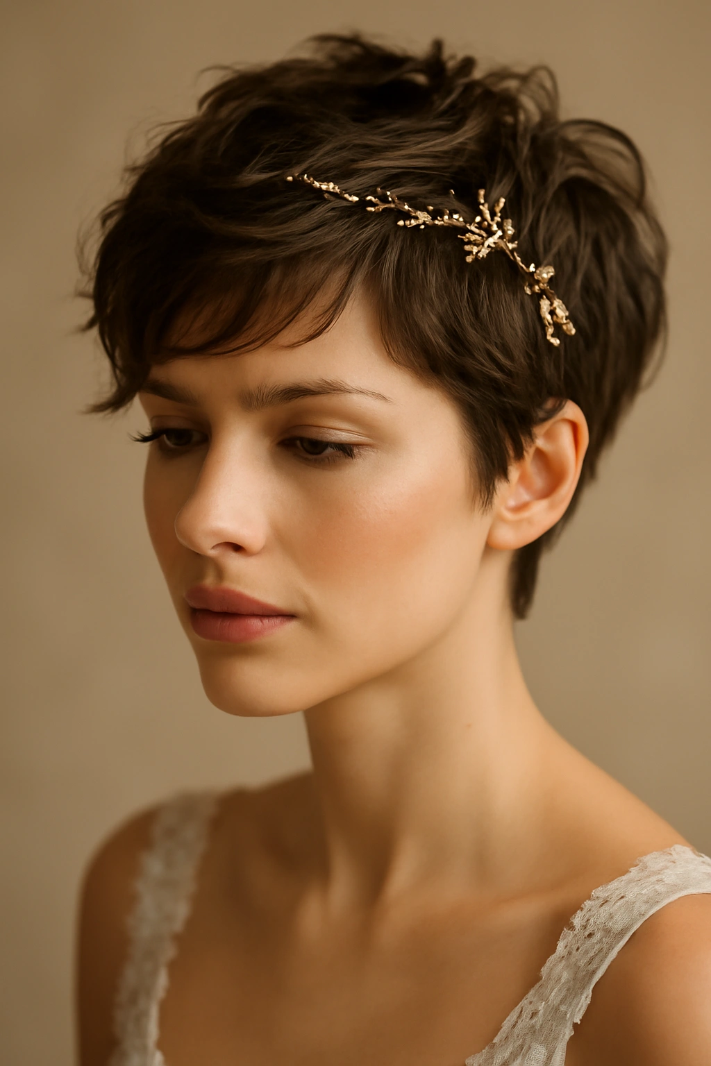 10 Short Bridal Hairstyles That Photograph Beautifully 7 Close-up of a bride with a textured pixie and delicate ornament in soft studio lighting.