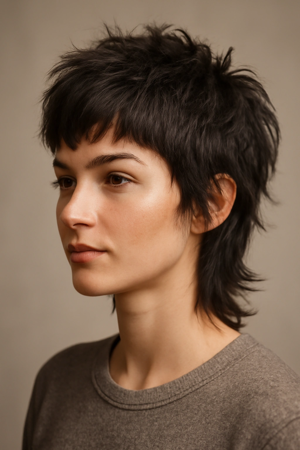 12 Wolf Cuts That Make Short Hair Look So Cool 4 Model with a tousled pixie wolf hybrid haircut showing textured top and short length.
