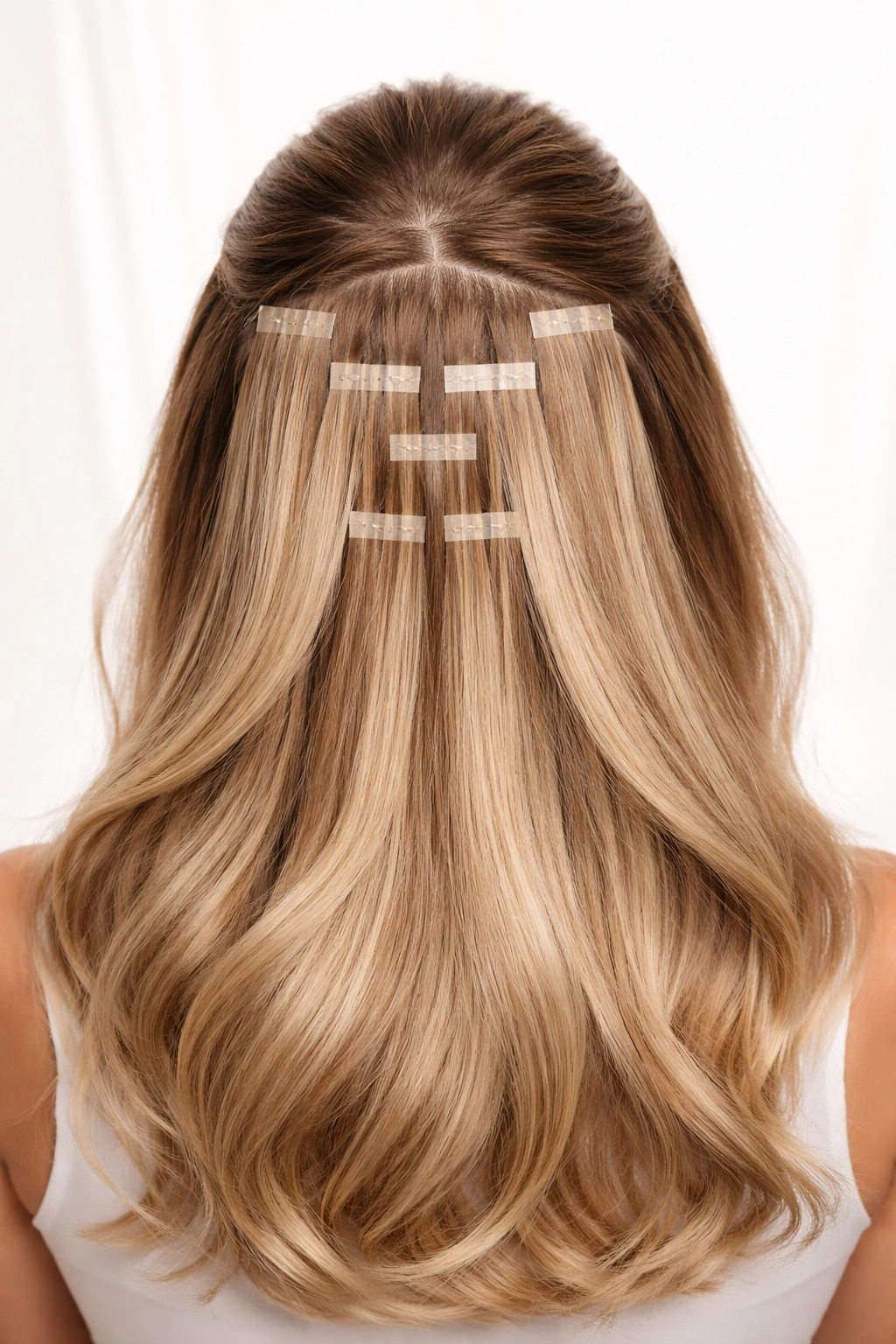Top-down view showing symmetrical tape-in placement on scalp