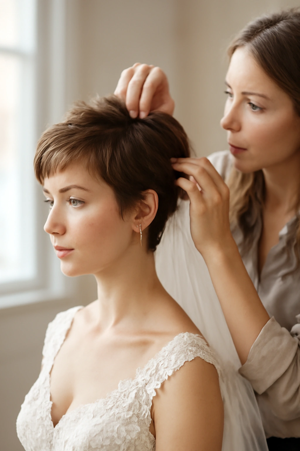 8 Wedding Hairstyles That Flatter Pixie Cuts 9 Planning scene with pixie hairstyle concept and stylist