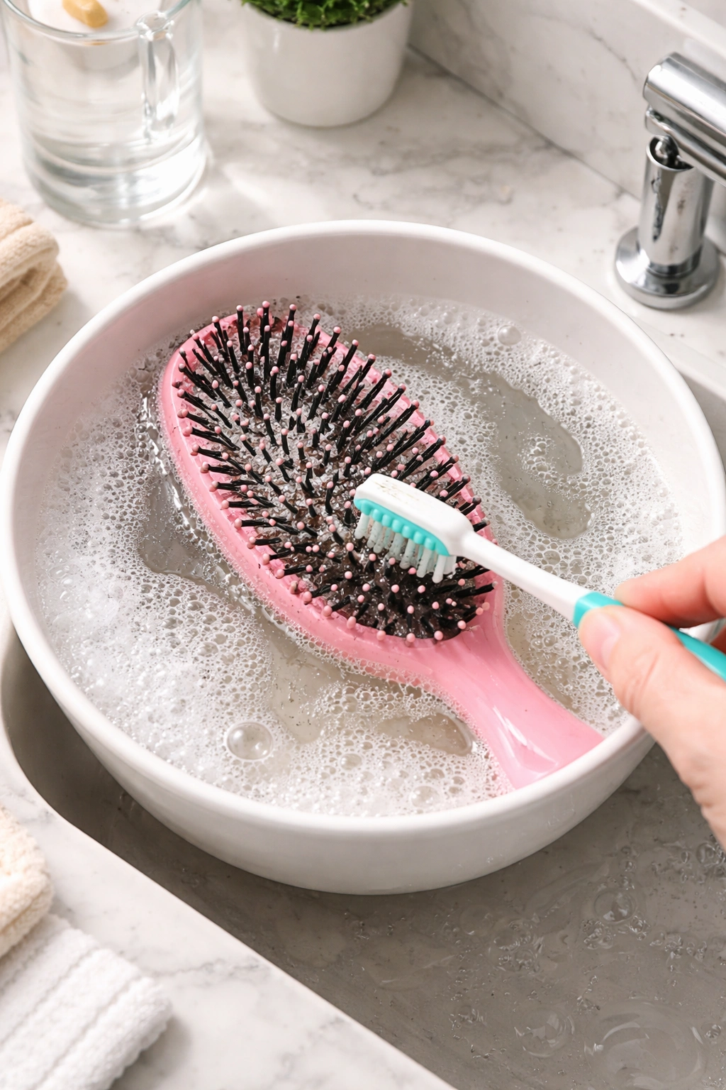Plastic brush soaking in soapy water with toothbrush scrubbing between bristles