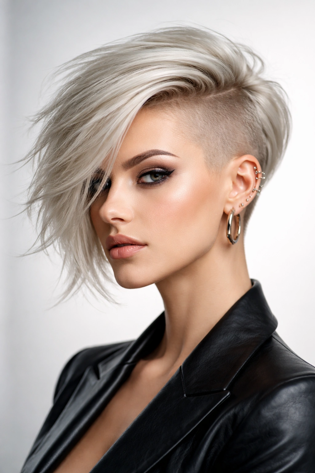 Asymmetrical crop hairstyle in platinum blonde with dramatic length difference.