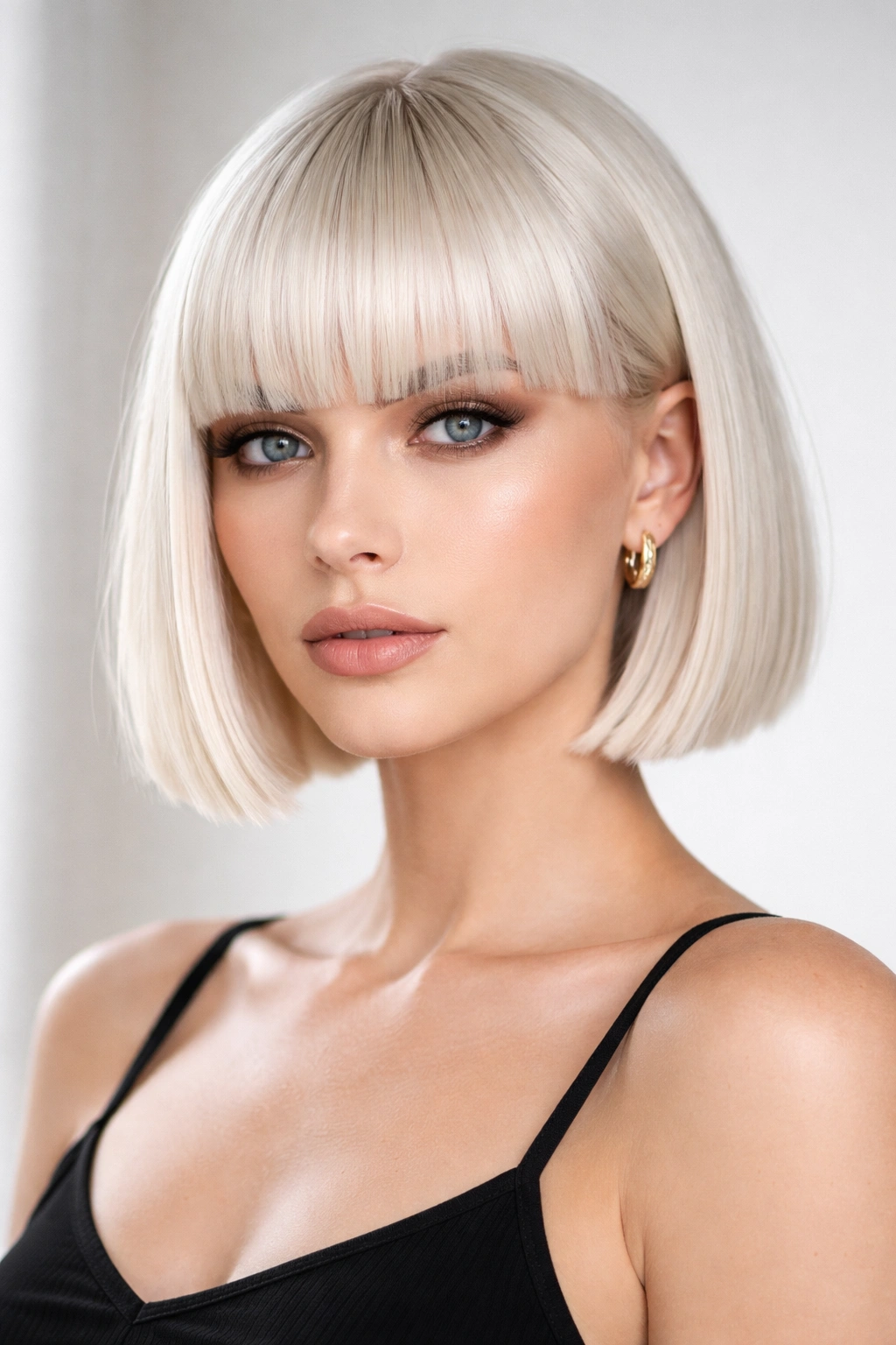 Blunt fringe bob with a blunt fringe in platinum blonde.