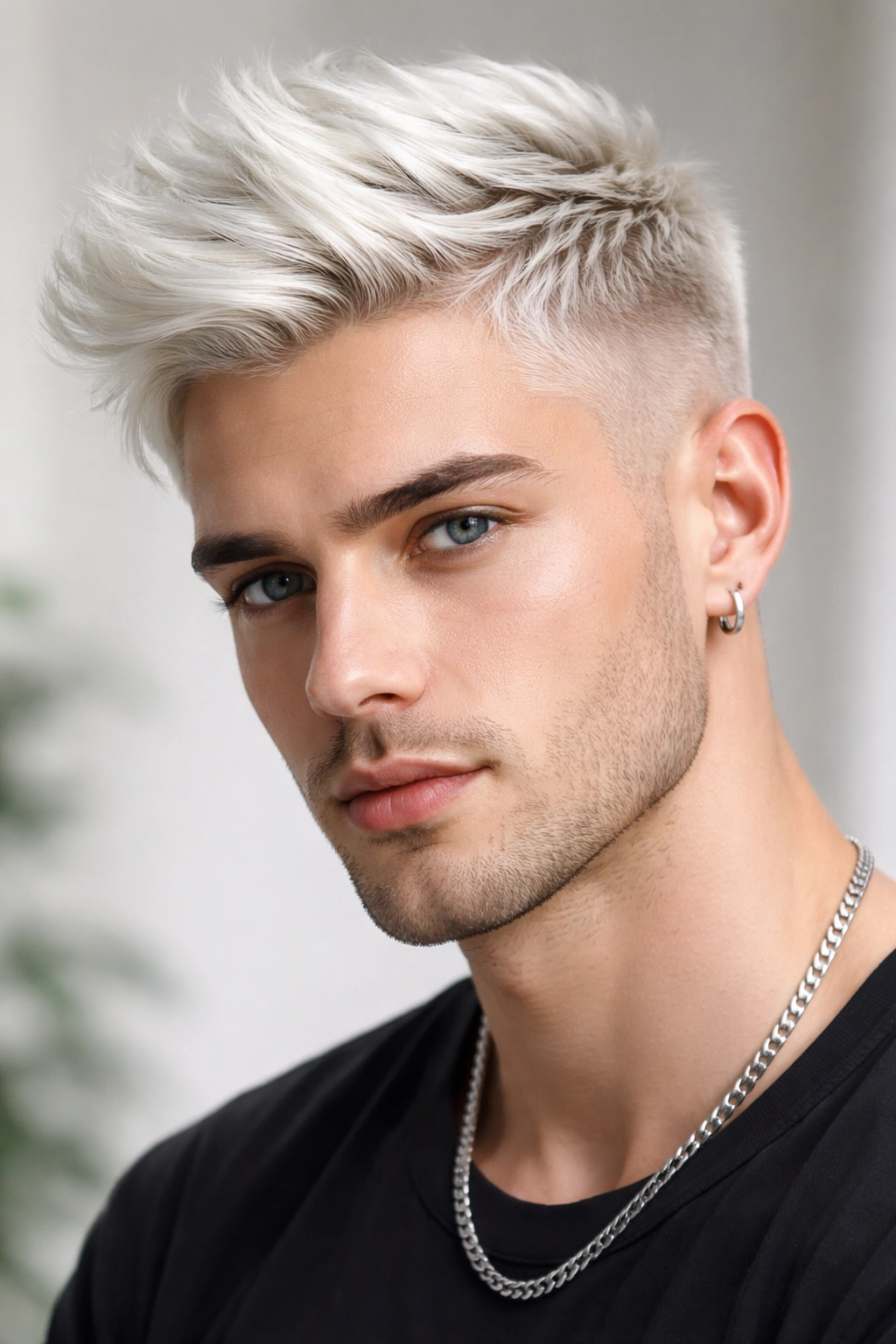 Portrait of a person with platinum blonde hair color