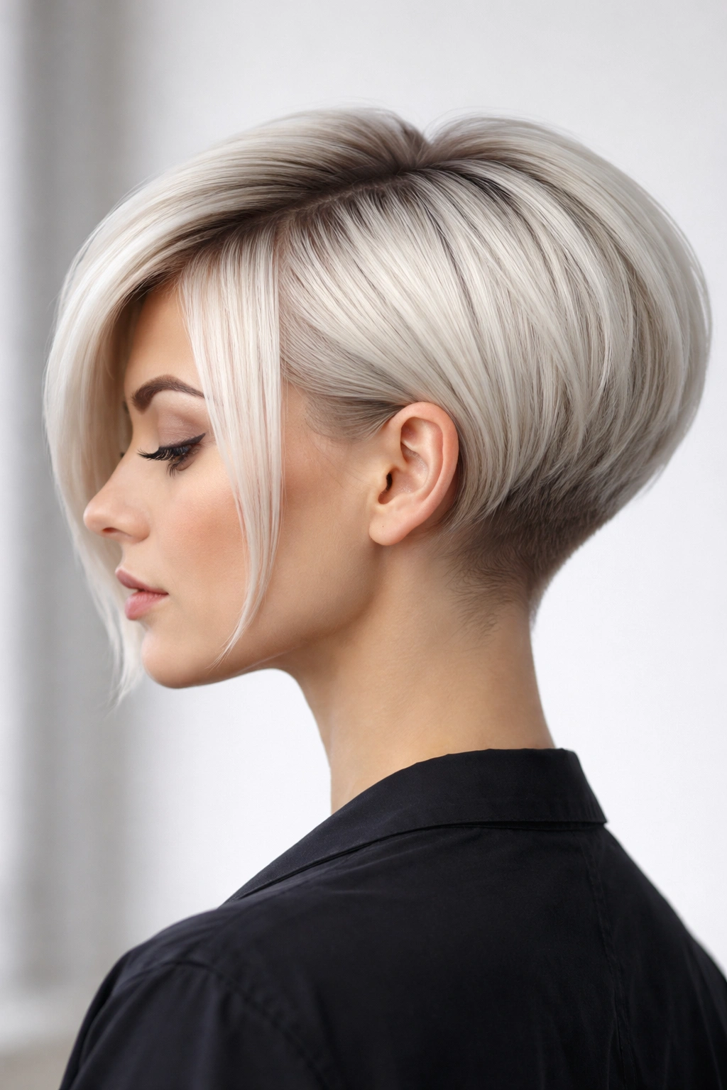 Platinum blonde inverted bob with a root fade and sharp back length