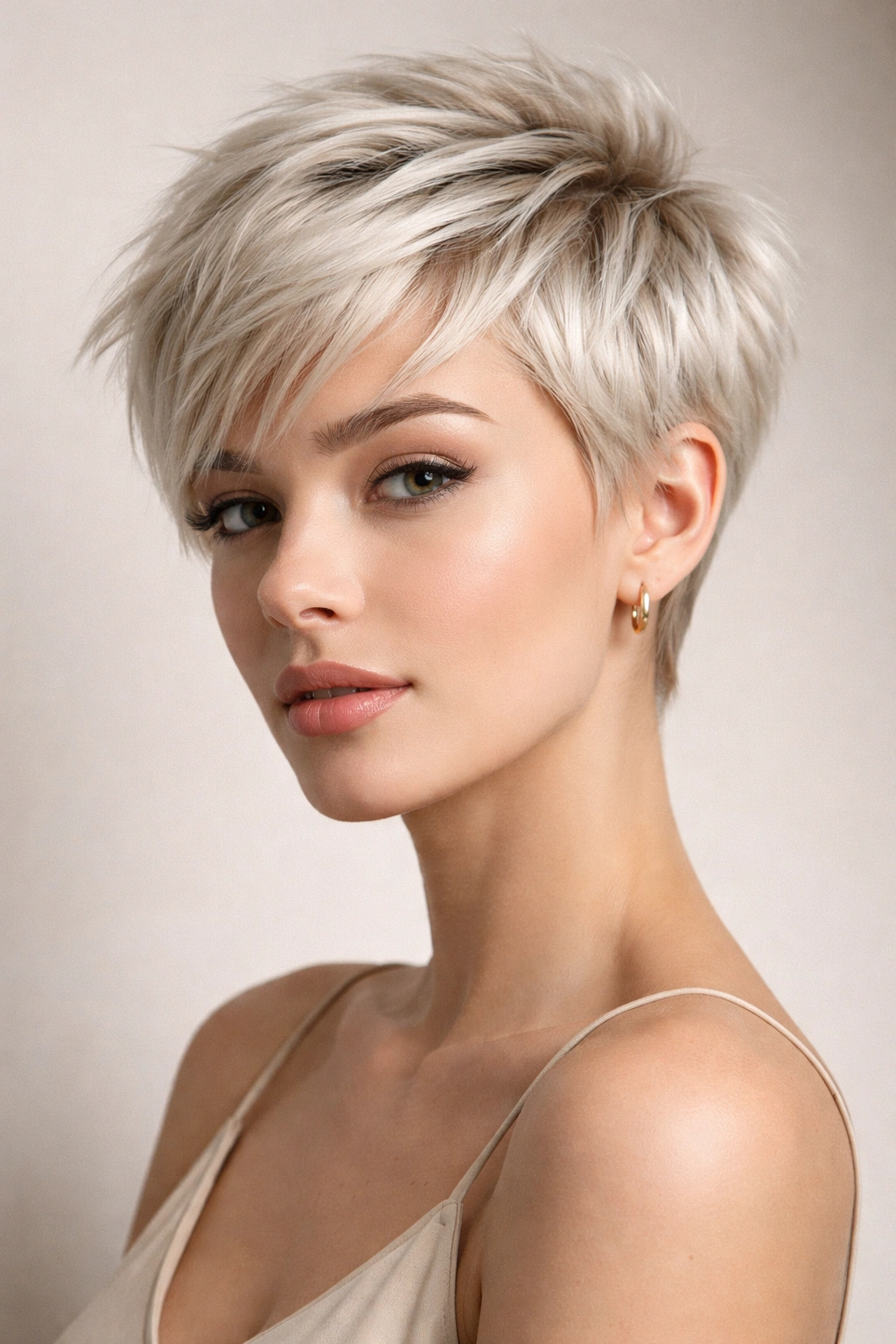 Layered pixie crop with short top and choppy layers in platinum blonde.