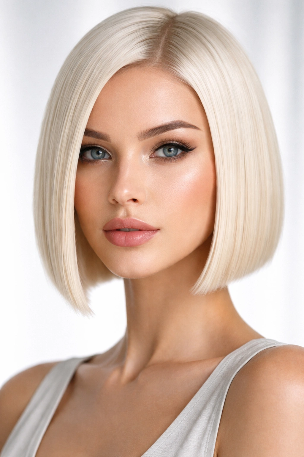 Portrait of a person with a sleek chin-length micro bob and blunt ends in platinum blonde.