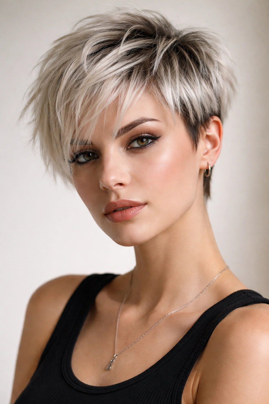 15 Choppy Pixie Cuts Full Of Edge And Texture 8 Portrait of platinum blonde choppy pixie with dark roots and layered texture