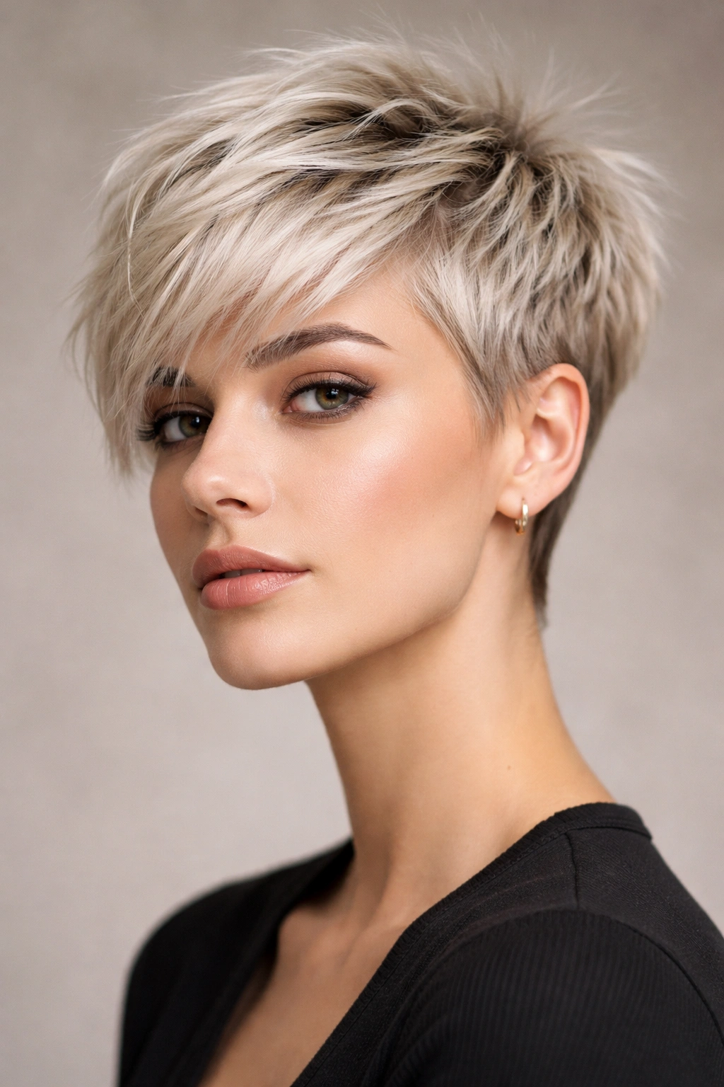 Close-up portrait of a person with a textured platinum pixie cut showing short sides and longer, choppy top.
