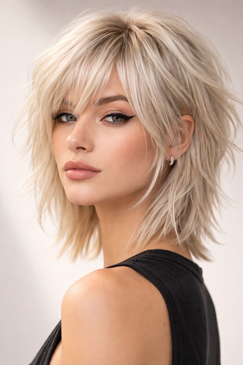 Person with a choppy shag in platinum blonde showing layered, textured pieces.