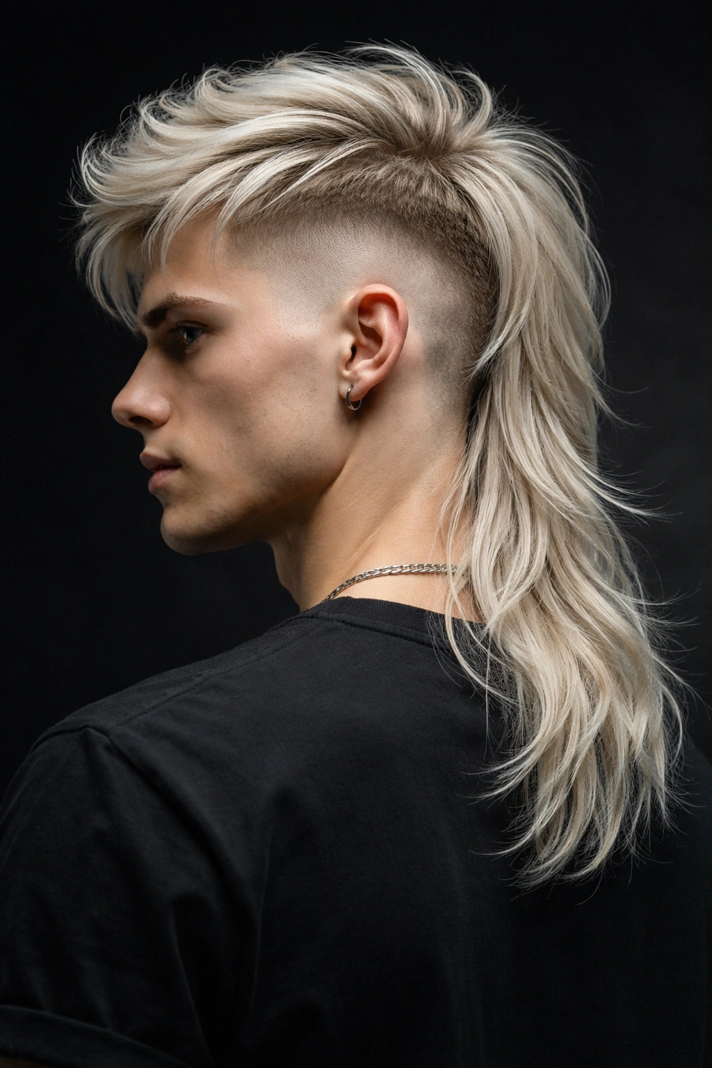 Platinum blonde undercut mullet with sharp line and long back