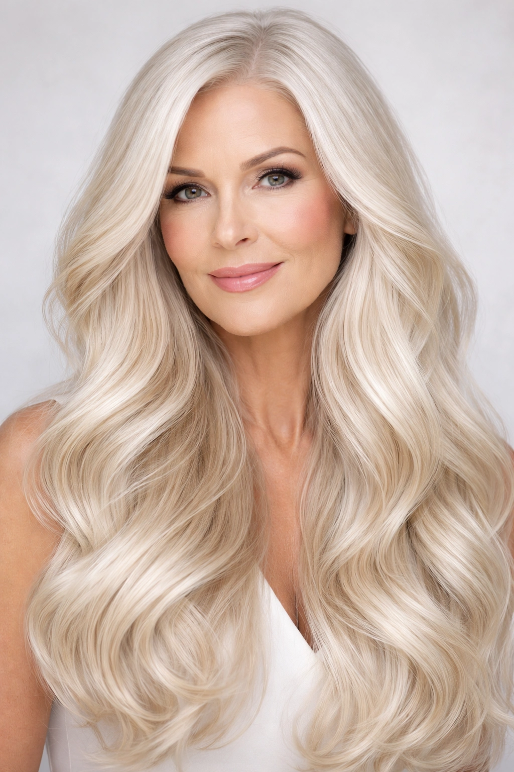 Long platinum blonde hair with soft waves and icy shine