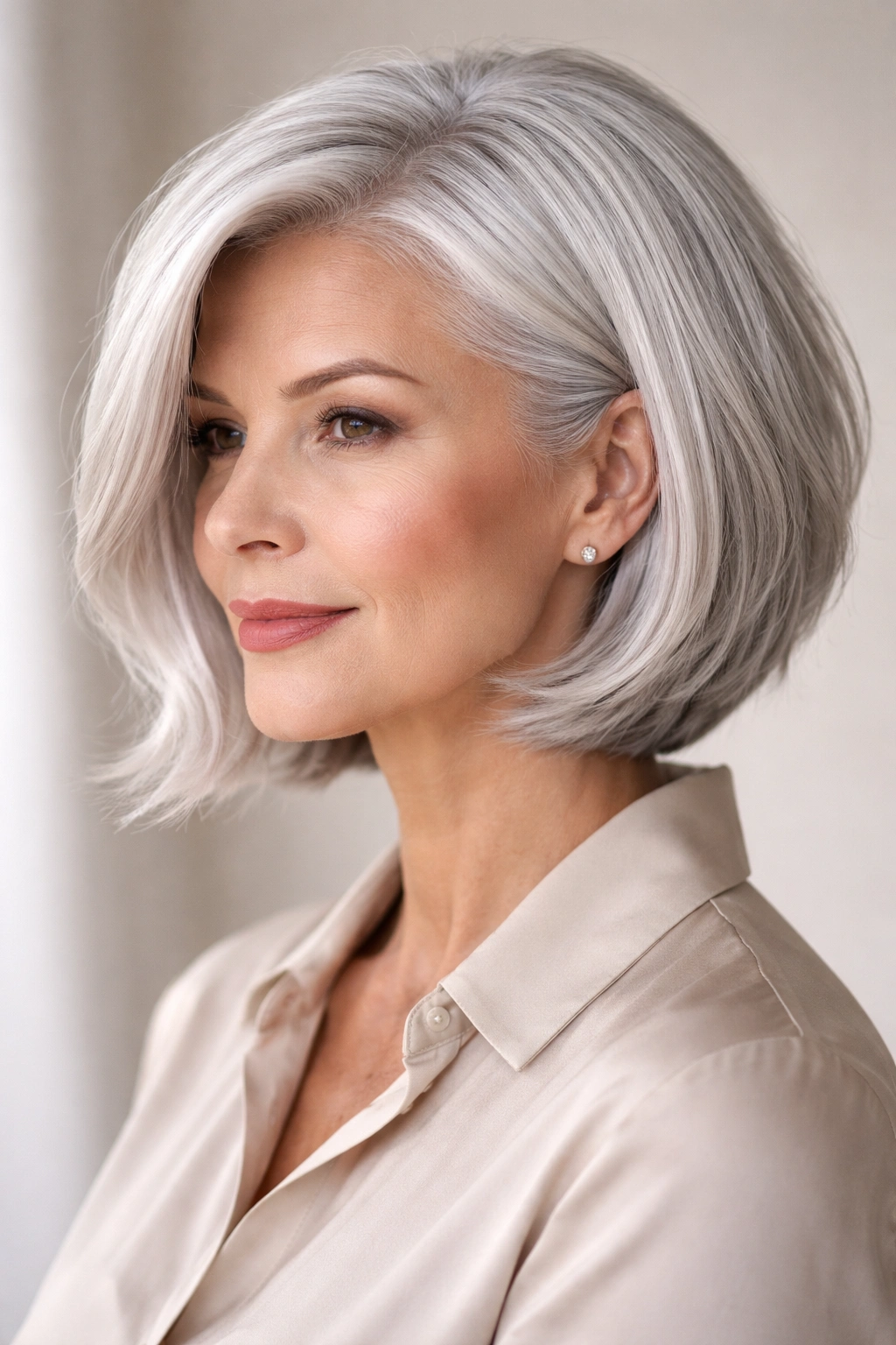 20 Short Bob Hairstyles That Shine After 40 13 Close-up of a platinum silver bob on a mature woman with cool undertones and glossy finish