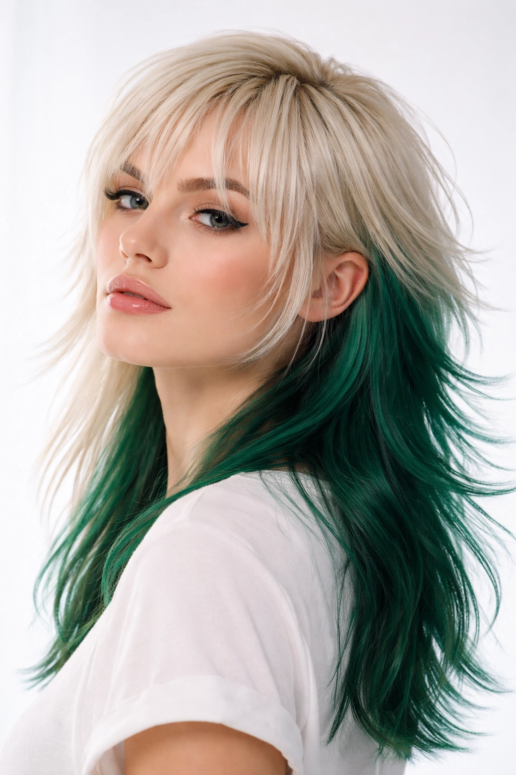 Two-tone mullet with platinum blonde front and emerald green back