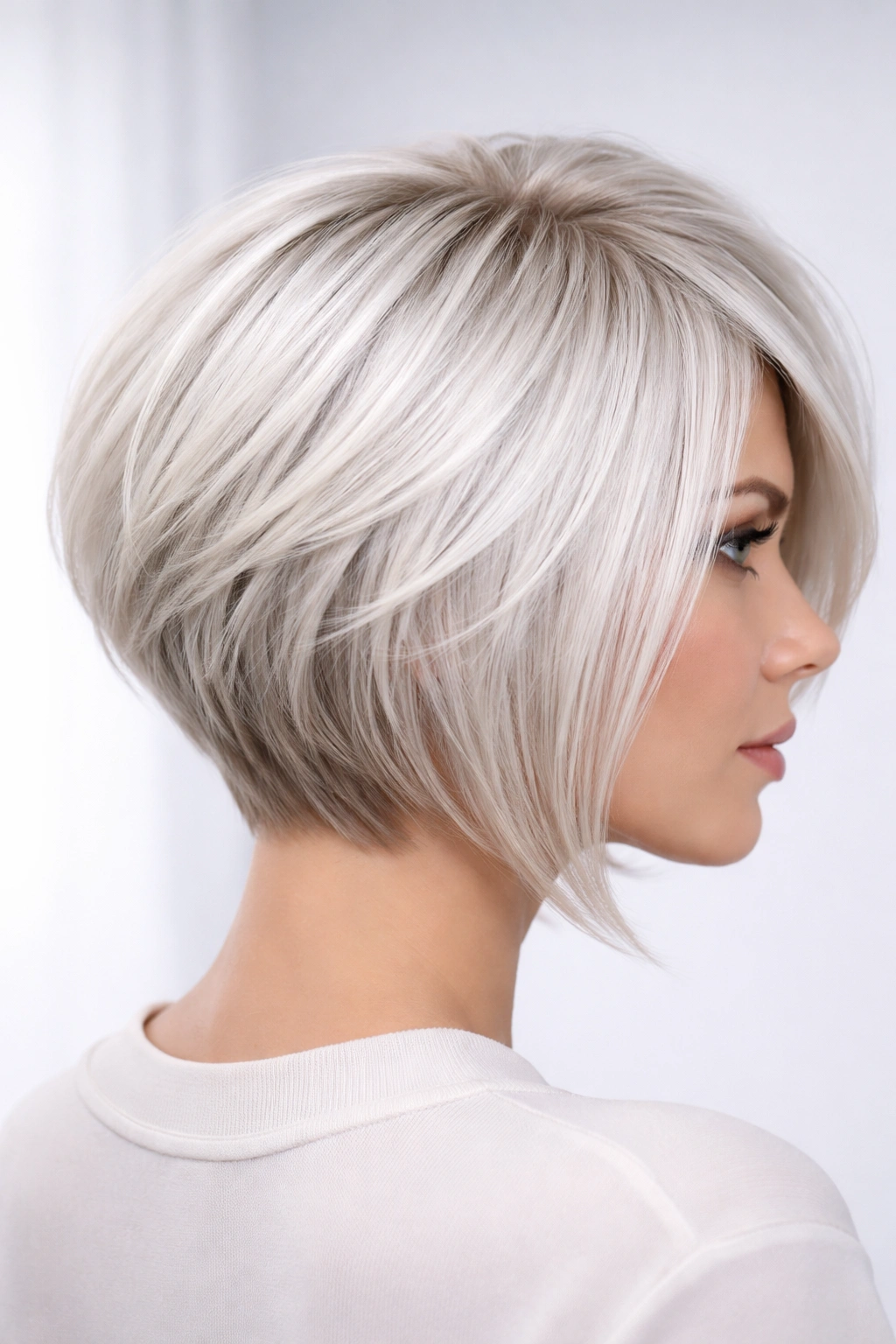 Portrait of platinum blonde icy stacked bob highlighting color and back layers