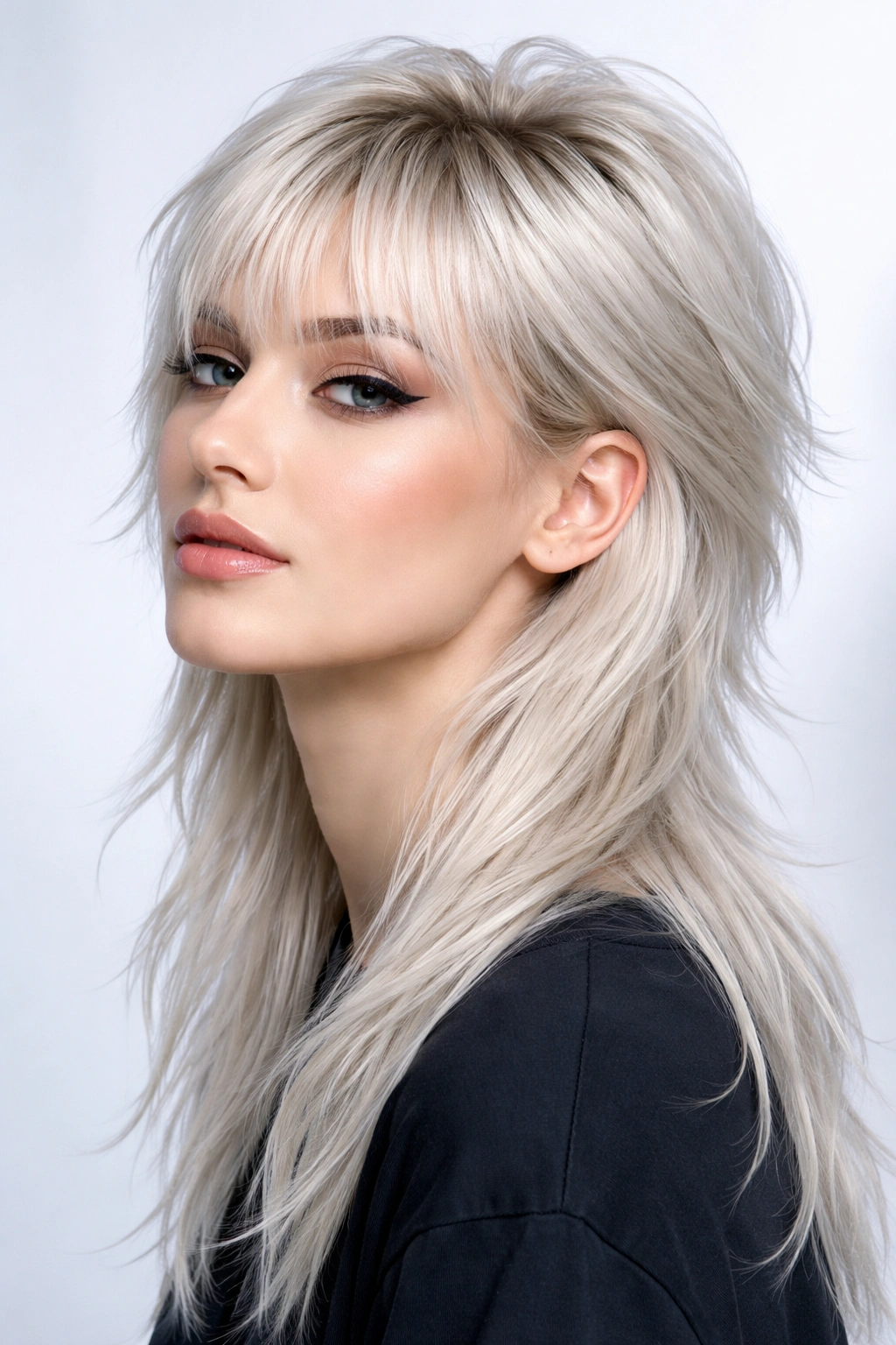 Three-quarter view of a person with platinum blonde mullet highlighting icy color and back length