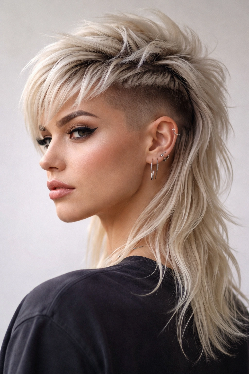 12 Mullet Undercut Styles For Bold Women To Try 7 Close-up of a platinum bleached mullet undercut showing sharp lines and pale color.