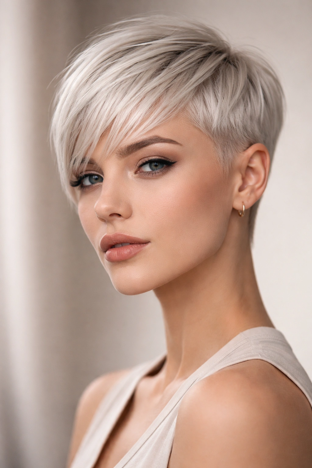 20 Short Pixie Haircuts That Practically Style 5 Portrait of a person with a platinum pixie color and sharp geometric cut