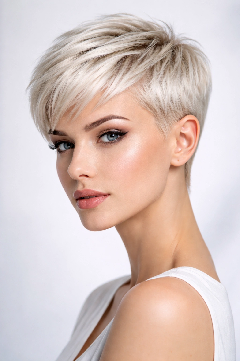 Close-up of a platinum blonde pixie with crisp edges and a cool-toned hue
