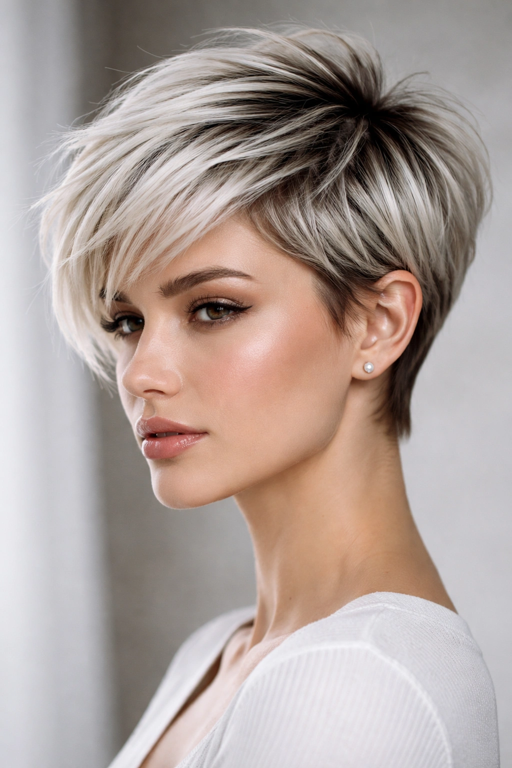 Close-up of platinum pixie with dark roots showing dimensional layers and light reflection