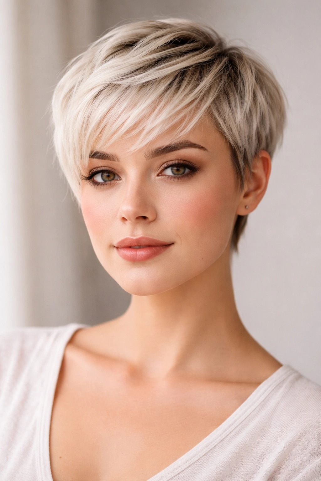 Close-up of platinum pixie with shadow roots showing dimensional color for round faces