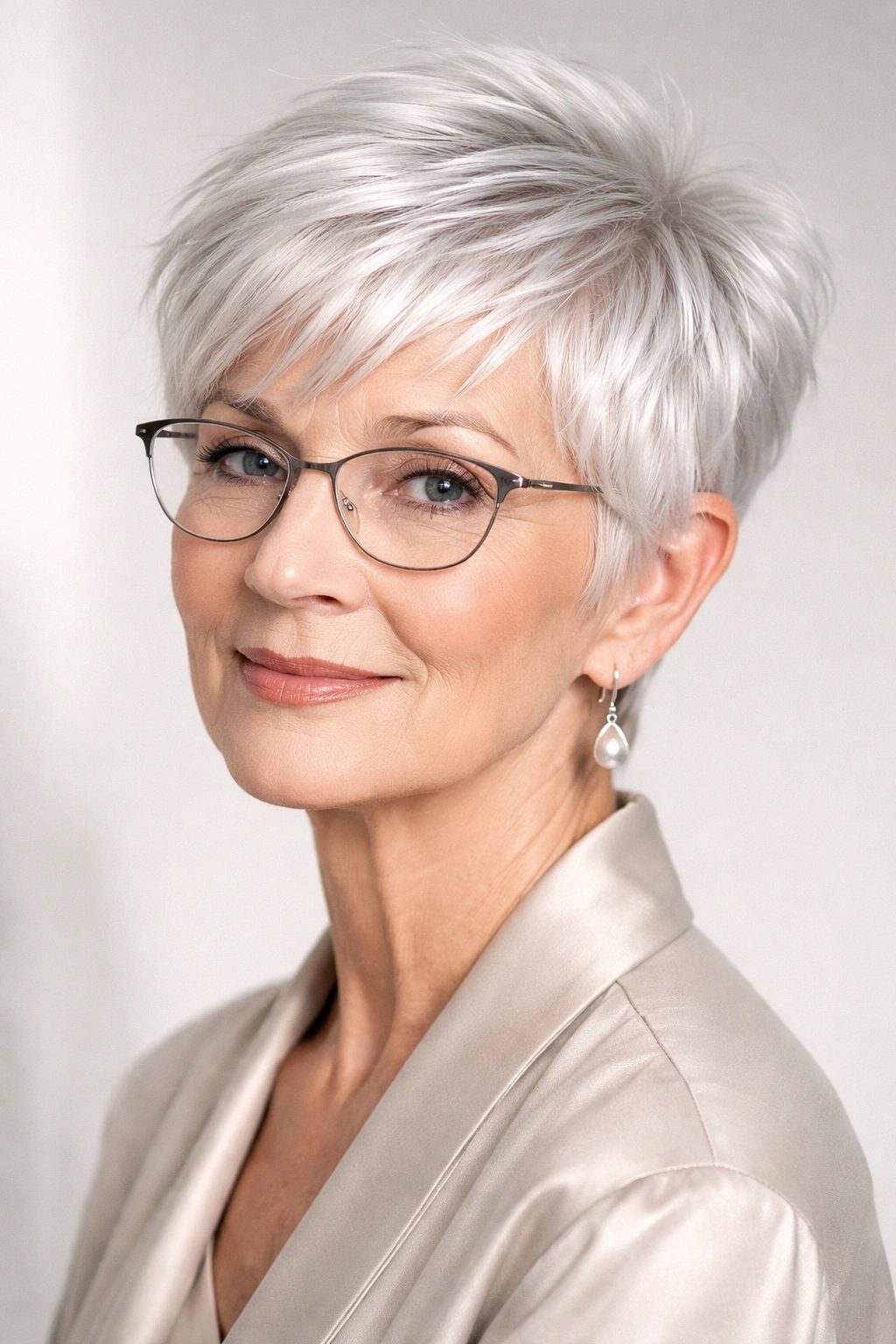 Close-up portrait of a woman with platinum silver pixie, hair catching light.