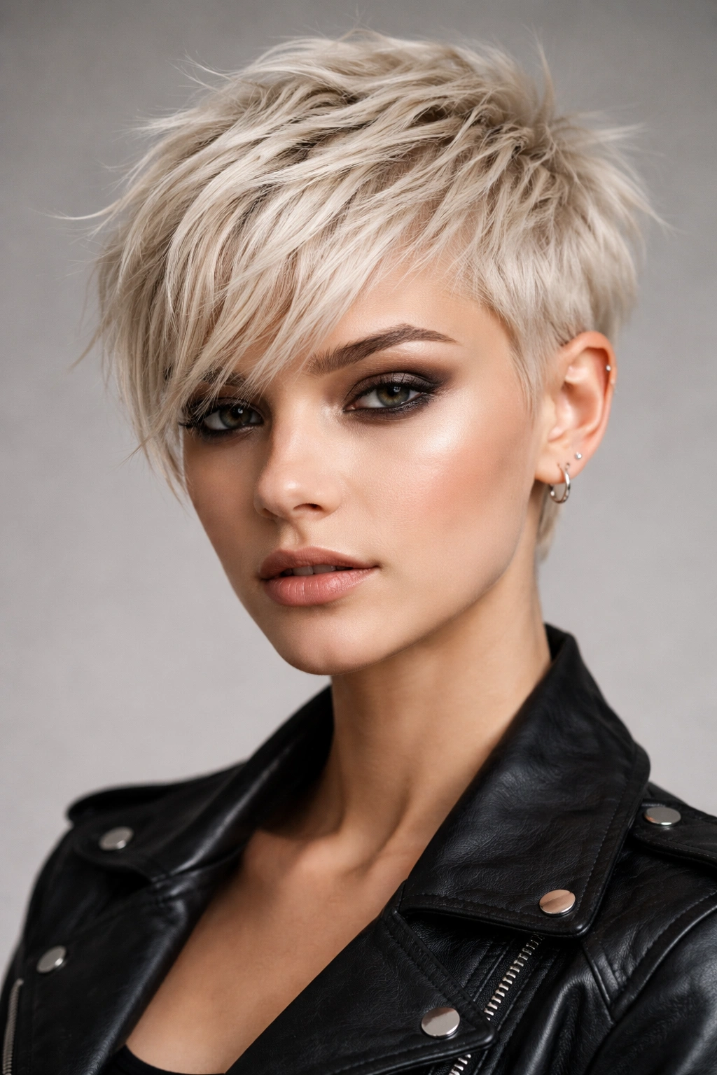 Close-up portrait of a model with a platinum bleached textured pixie and choppy layers.