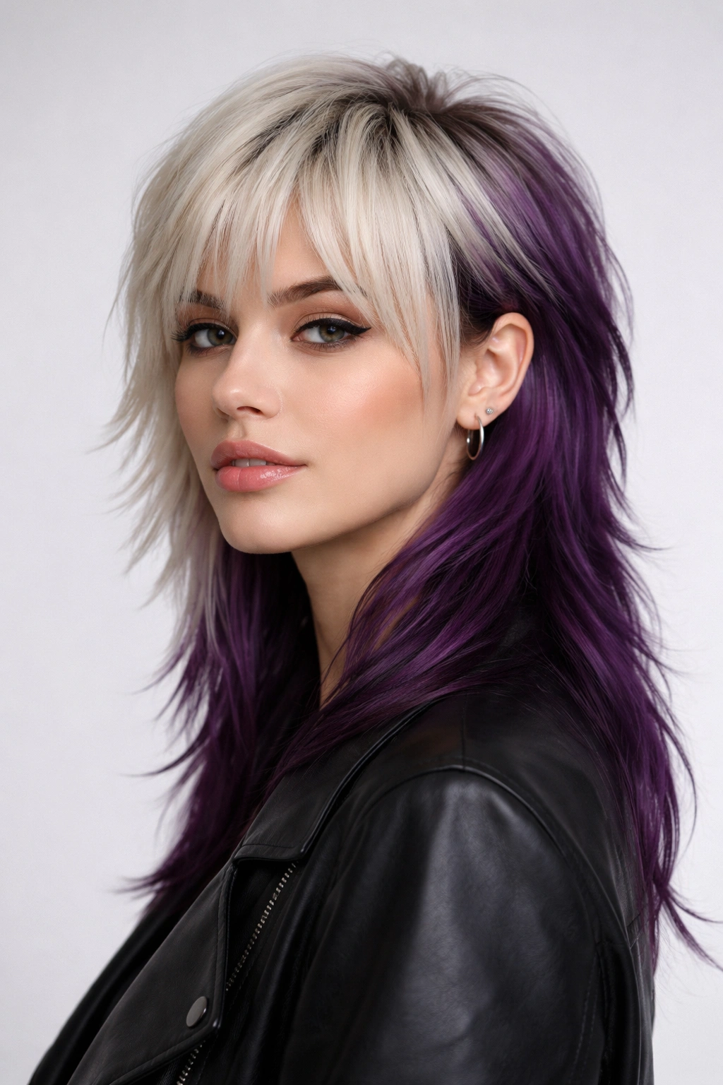 Platinum blonde front with purple back mullet showing color boundary