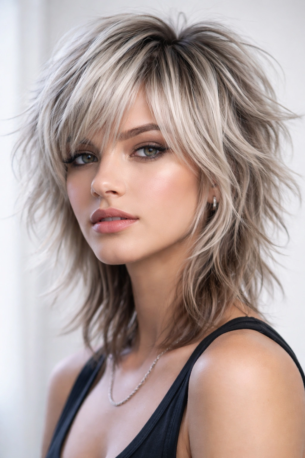Portrait of a person with platinum ash-toned shag highlighting texture
